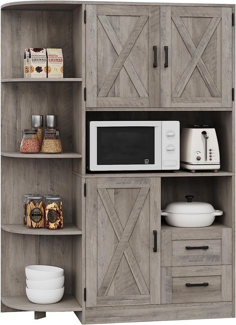 If you have a small space in your kitchen that needs more functionallity, try this free standing cabinet! I love the washed grey look! This is an affiliate link so help a teacher out! #homedecor #simplethings #kitchen #pantry #storage #cabinet #hutch #amazon #deals #budget #farmhouse Microwave Cabinet Free Standing, Stand Alone Pantry Cabinet, Stand Alone Pantry, Freestanding Kitchen Storage, Farmhouse Kitchen Pantry, Free Standing Kitchen Cabinets, Budget Farmhouse, Cabinet Hutch, Redesign Ideas