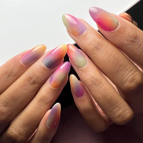 Watercolor Painting Nails Trend For Summer | POPSUGAR Beauty Pastel Watercolor Nails, Nail Watercolor Design, Watercolor Nail Tutorial, Ombre Nails Rainbow, Neon Watercolor Nails, Nail Watercolor, Rainbow Watercolor Nails, Watercolor Nail Art, Watercolor Nails