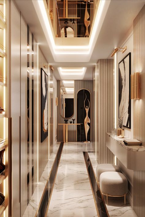 Designed a modern apartment house that's clad in cream color, has a long hallway with low ceiling. Long Hallway Design, Strip Led Lights, Contemporary Hallway, Long Hall, Novel Inspiration, Hallway Design, Apartment House, Strip Led, Long Hallway