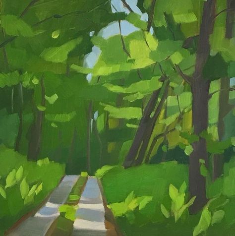 Meg McLean on Instagram: "It’s that time of year when you need one hand to wield the paint brush and the other hand to swat black flies, being careful not to confuse which hand does which. ‘Away Down the Lane’ oil on panel 8x8. #pleinairpainting #vermont #oilpainting #landscapes #green #forest #classIV #buggy #strafford #orwasitthetford" Painting Foliage, Contemporary Impressionism, The Lane, Green Forest, Plein Air Paintings, Paint Brush, Abstract Landscape, Paint Brushes, Impressionism