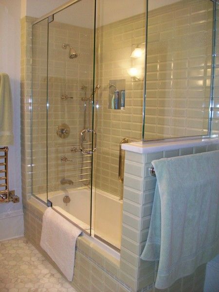 Glass with tub Enclosed Bathtub, Beautiful Tubs, Glass Tub Enclosure, Glass Shower Tub, Bathtub Makeover, Bathtub Enclosures, Farmhouse Restoration, Historic Farmhouse, Tub Enclosures