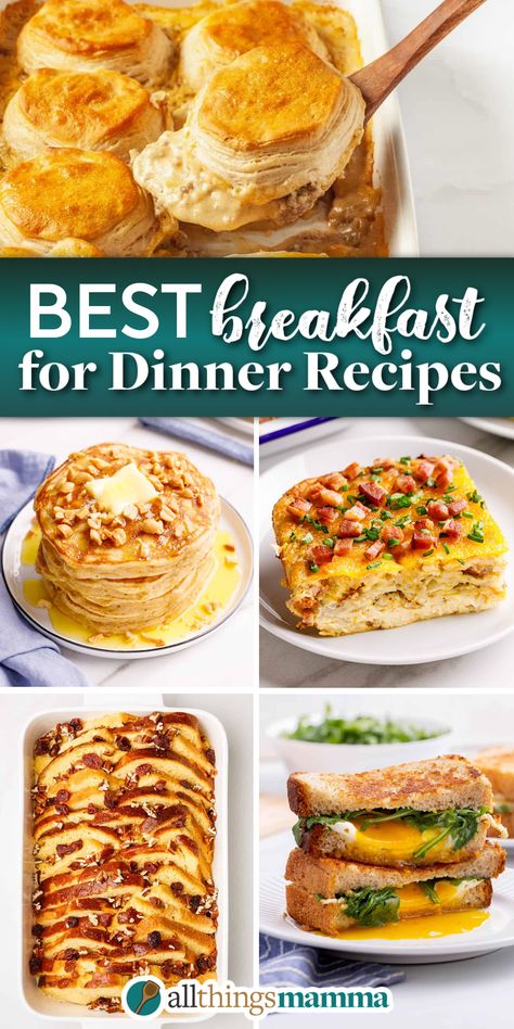 breakfast recipes in a 5-image collage template showing, biscuits and gravy casserole, peanut butter pancakes stacked, a serving of breakfast casserole with bacon, brioche french toast casserole, and egg and cheese sandwich cut in half stacked and sitting on a white round plate Breakfast Night Ideas, Pancake Dinner Ideas, Breakfast For Supper Ideas, Breakfast Ideas For Dinner, Easy Breakfast For Dinner, Breakfast Dinner Ideas, Breakfast For Dinner Recipes, Breakfast For Dinner Ideas, Pineapple Breakfast