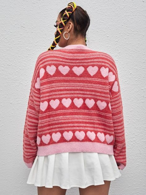 Plus Heart & Striped Pattern Drop Shoulder Cardigan | SHEIN USA Heart Pattern Clothes, Striped Jumpers, Pattern Clothes, Shoulder Cardigan, Drop Shoulder Cardigan, Plus Size Cardigans, Pink Cardigan, Pretty Clothes, Heart Pattern