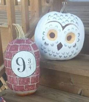 Hedwig Pumpkin Painting, Owl Painted Pumpkin, Harry Potter Painted Pumpkin, Owl Pumpkin Painting, Hedwig Pumpkin, Harry Potter Pumpkin, Harry Potter Couples, Character Pumpkins, Owl Pumpkin