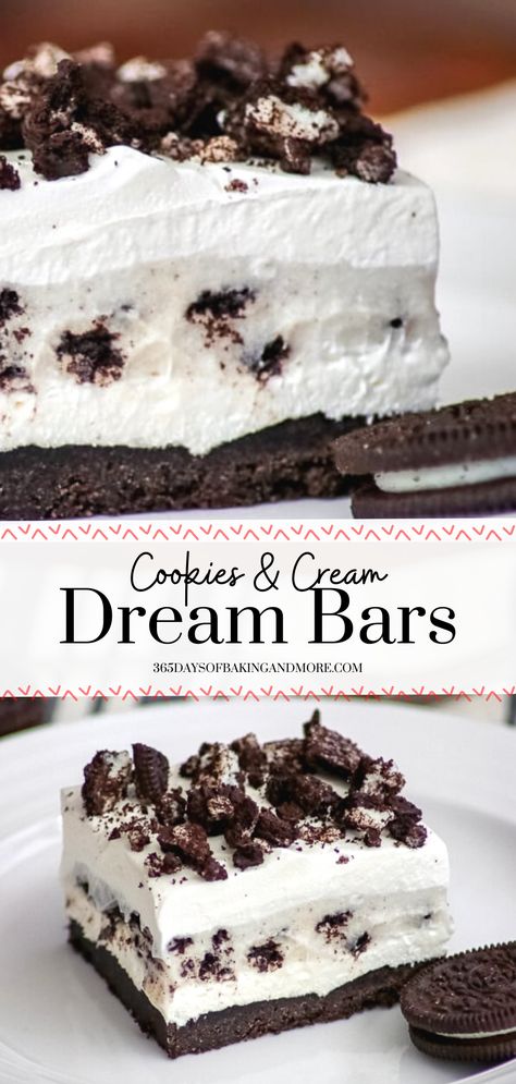 A classic cookies and cream dessert, these Dream Bars are made with an Oreo cookie crust covered with layers of cream cheese, Oreo pudding, Cool Whip, and are topped with the crushed Oreos. You’ll love this NO-BAKE dessert because these cookies and cream bars are ones you’ll be dreaming about for nights to come! Cookies And Cream Hershey Bar Recipes, Cookies N Cream Dessert Recipes, Cookie And Cream Desserts, Cookies And Cream Dessert, Cookies And Cream Bars, Whipped Topping Recipe, Oreo Cookie Dessert, Oreo Bites, Cream Desserts Recipes