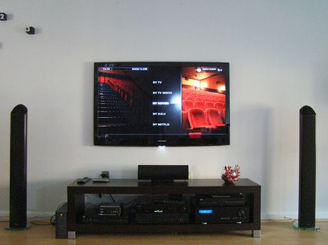 Tv Set Up, Tv Setup, Set Up Ideas, Tv Over Fireplace, Entertainment Center Kitchen, Rear Speakers, Home Theater Setup, Entertainment Center Repurpose, Tv Set