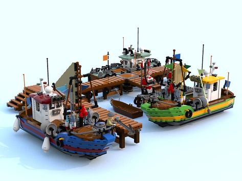 Lego Harbour, Boats Photography, Lego Boats, Lego Beach, Lego Plans, Lego Diorama, Lego Steampunk, Lego Boat, Small Fishing Boats