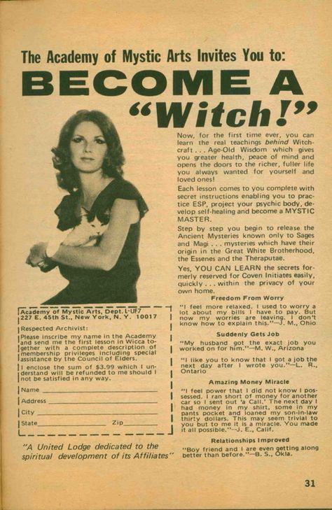 become a witch vintage ad Become A Witch, Funny Vintage Ads, Art Invitation, Old Advertisements, Baba Yaga, Retro Ads, Mystical Art, Old Ads, A Witch