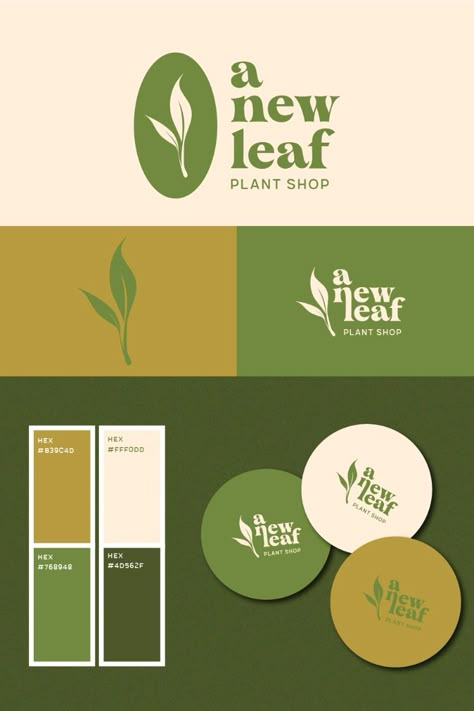 A New Leaf is passionate about bringing the beauty of nature into your home. They provide fresh plants that brighten up living spaces and bring joy to your day. | Branding and logo inspiration and logo variations with green color hex codes | #Branding #Instagram #Botanical #Plants #Plantshop #Greenhouse #Green #Planthouse #Logo #Plantnursery Logo Design Variations, Plant Shop Color Palette, Home Brand Logo, Eco Branding Design, Plant Business Logo Ideas, Forest Green Branding, Plant Packaging Design, Green Logo Design Ideas, Nature Inspired Logo