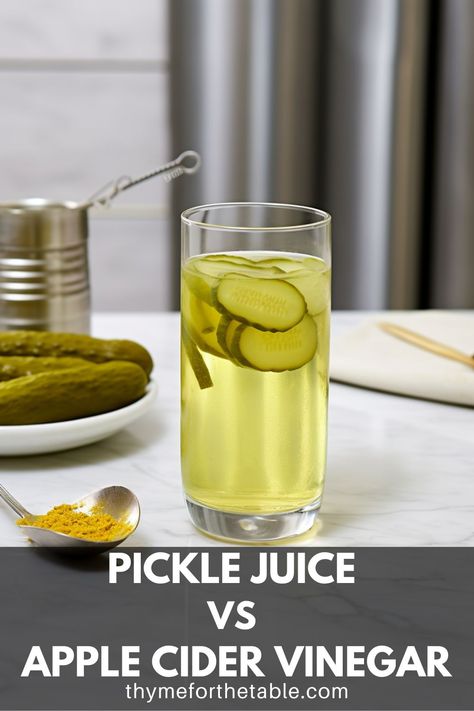 Pickle juice and slices pickles in a tall glass with the text: pickle juice vs apple cider vinegar. Benefits Of Pickle Juice, Cranberry Grape Juice, Pickle Juice Benefits, Making Apple Cider, Cramp Relief, Coffee Protein Shake, Kitchen Basics, Drawing Water, Pickle Juice