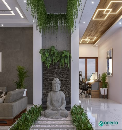 Buddha In Foyer Area, Buddha Statue Under Staircase, Buddhist Living Room, Interior Statue Decor, Budda Decoration At Home, Buddha Corner Decor, Buddha Decor Entryway, Buddha Statue Home Entrance, Buddha Room Design