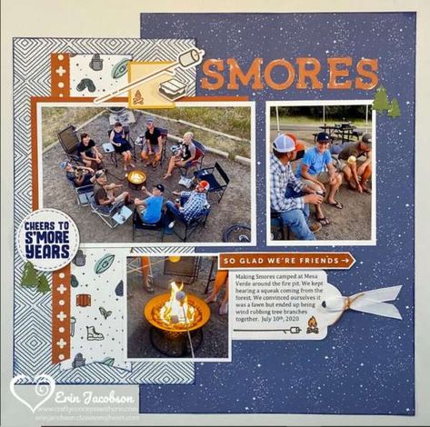 Camping Scrapbook Pages, Camping Layouts For Scrapbooking, Crafty Concepts With Erin, Camping Layout, Orange Color Combo, Camping Scrapbook Layouts, Scrapbooking Vacation, Outdoor Layout, Adventure Scrapbook