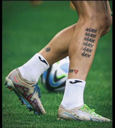 Soccer Related Tattoos, Football Leg Tattoo, Mudryk Tattoo, Tattoo Football Soccer, Football Ball Tattoo, Soccer Tattoos Ideas, Footballer Tattoos, Ronaldo Tattoo, Chelsea Tattoo