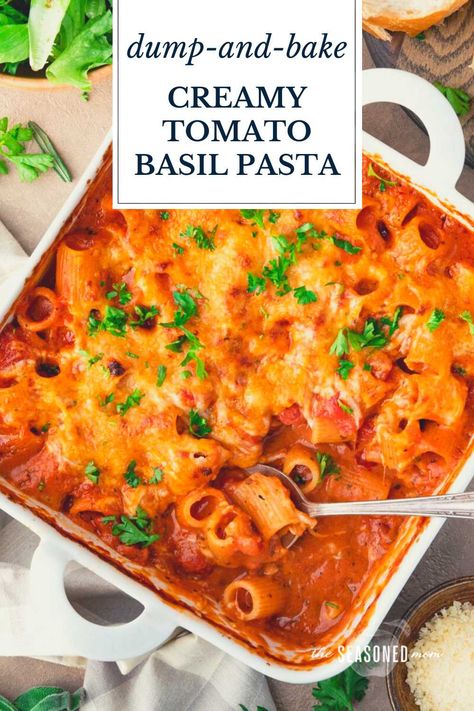 You don’t even have to boil the pasta! This dump-and-bake creamy tomato basil pasta is an easy dinner that cooks in one dish with just 5 minutes of prep. Perfect for busy weeknights! Creamy Tomato Basil Pasta, Dinner List, Pasta Bake Vegetarian, Pesto Pasta Bake, Tomato Pasta Bake, Rose Pasta, Basil Pesto Pasta, Tomato Basil Pasta, Savory Foods