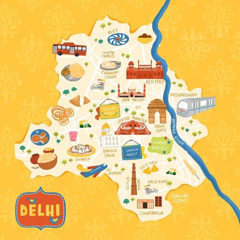 THEY DRAW…Maps! | This super sweet map of Dilwaalon ki Dilli (Delhi, India) was just submitted to THEY DRAW by Aanchal Lodhi(@by.aanchal ). It depicts a… | Instagram India Map Illustration, Delhi Illustration, Delhi Poster, City Infographic, Delhi Map, India Illustration, City Maps Illustration, Delhi Food, Chole Bhature