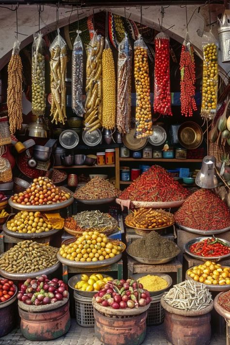 Discover Exotic Flavors in Marrakech's Food Markets 🌶️✨ Wander through the vibrant food markets of Marrakech. From aromatic spices to traditional tagines, experience the rich culinary heritage of Morocco. 🍛🌿 #MarrakechMarkets #MoroccanCuisine #CulinaryAdventure #FoodTravel Moroccan Food Traditional Aesthetic, Spice Market Aesthetic, Marrakech Market, Marrakech Morocco Aesthetic, Arabian Market, Marrakech Food, Istanbul Market, Morocco Market, Surreal Photoshop