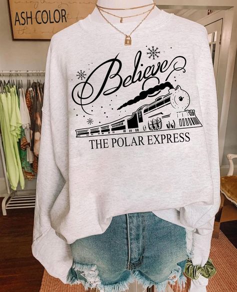 Christmas Shirts Vinyl Polar Express, Cute Christmas Shirts For Women, Polar Express Outfit Ideas, Polar Express Shirt Ideas, Polar Express Shirts, Christmas Sweatshirts Vinyl, Polar Express Quotes, Sweatshirt And Shirt Outfit, Christmas Shirt Designs