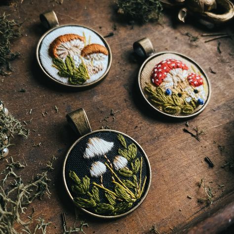 🍄🌿🍄‍🟫🪴✨ Goth Embroidery, Aesthetic Embroidery, Embroidered Jewellery, Mini Embroidery, Miniature Embroidery, Visible Mending, Embroidery Fabric, May 5, Cross Stitch Embroidery