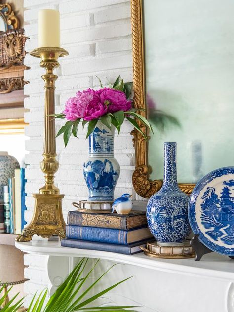 Plates On Mantel, Chinoiserie Mantel Decor, Blue And White Mantel Decor, Blue And White Fireplace Decor, How To Decorate A Mantel Living Rooms, Fireplace Decor Traditional, Traditional Mantel Decorating Ideas, Cottage Mantel Decorating Ideas, Styling A Fireplace Mantle