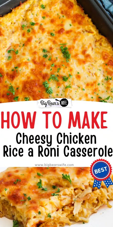 Indulge in the ultimate comfort food with this Cheesy Chicken Rice a Roni Casserole! This recipe is so easy to make and has gotten rave reviews! Prepare to cozy up with a plate of pure comfort and satisfaction! via @bigbearswife Rice A Roni And Chicken Recipes, Rice A Roni Rice Pilaf Recipes, Chicken Casserole With Rice A Toni, Crockpot Rice A Roni And Chicken, Baked Chicken And Rice A Roni Recipes, Chicken And Ricearoni Casserole Recipes, Chicken Casserole With Knorr Rice, Chicken Rice A Roni Casserole Recipe, Rice A Roni Crockpot Chicken