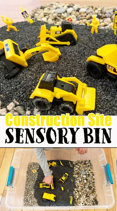 Construction Site Sensory Bin - Happy Toddler Playtime Career Sensory Bin, Diy Construction Sensory Bin, Construction Theme Sensory Bin, Construction Site Sensory Bin, Cars Sensory Bin, Construction Art For Toddlers, Tools And Machines Preschool Theme, Community Helpers Sensory Bin, Construction Theme Preschool Activities