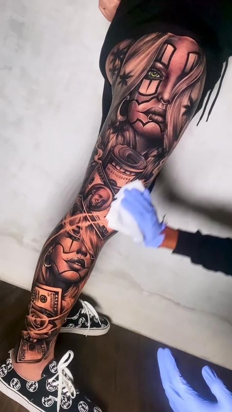 Tatuador: @surantyyasaa_tattoo Woman’s Tattoo Leg Sleeve, Baddie Leg Sleeve Tattoo, Gangsta Leg Tattoo, Men Leg Tattoo Ideas Sleeve, Mens Tattoos Leg, Tattoos For Legs Woman, Woman Leg Sleeve Tattoo, Tattoo Ideas For Legs For Women, Full Leg Sleeve Tattoos For Guys