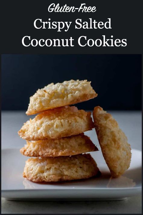 These gluten-free Crispy Salted Coconut Cookies are topped with a light dusting of sea salt. They're the first ones to disappear from the cookie tray! Make ahead and freeze for unexpected company. #glutenfree #coconut #cookies #crisp #salted Salty Snacks Gluten Free, Gluten Free Coconut Desserts, Gluten Free Coconut Cookies, Gluten Free Pumpkin Desserts, Cookies Soft And Chewy, Healthy Pumpkin Dessert, 3 Cookies, Vanilla Biscuits, Coconut Biscuits