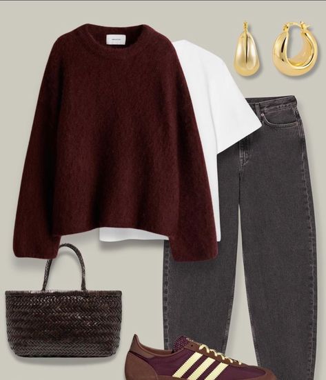 Burgundy Trainers Outfit, Sweater White Shirt Outfit, Maroon Fall Outfit, Burgundy Pullover Outfit, Burgundy Outfit Ideas Color Combos, Navy And Red Outfit, Burgundy Sweatshirt Outfit, Sweatshirt Work Outfit, Burgandy Outfits Aesthetic