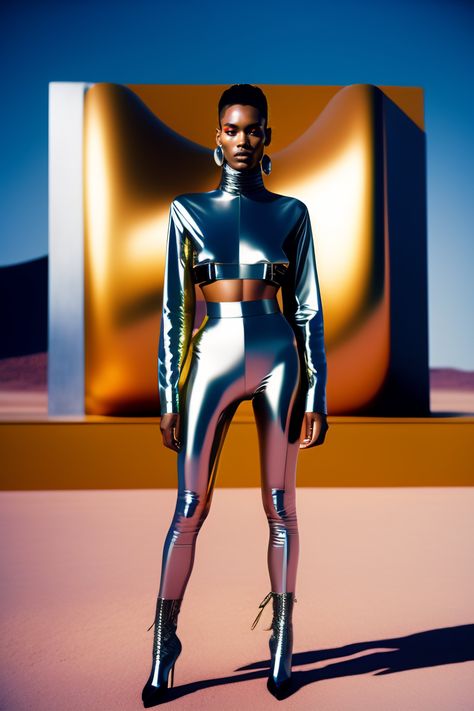 Retrofuturism Aestethic Fashion, Neo Futurism Fashion, Futuristic Photoshoot Ideas, Futuristic Outfits Women, Chrome Clothing, Chrome Outfits, Futuristic Fashion Photography, Futuristic Editorial, Chrome Photoshoot