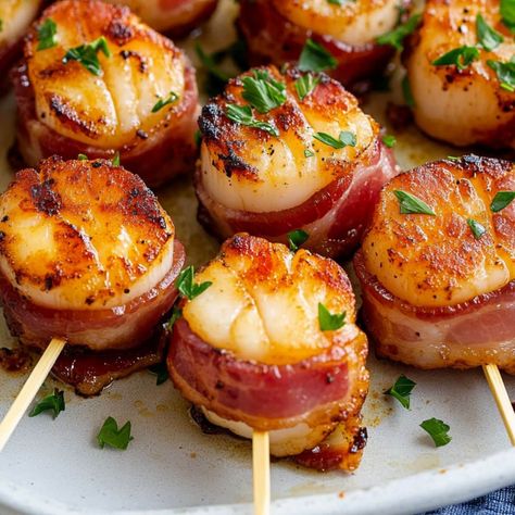 Bacon-Wrapped Scallops - Insanely Good Smoked Bacon Wrapped Scallops, East Coast Appetizers, Shrimp With Bacon Recipes, Bacon Wrap Scallops, Scallop Bacon Wrapped, Baked Bacon Wrapped Scallops In Oven, Scallops Wrapped In Bacon In Oven, Bacon Wrapped Scallops Pan Seared, Baked Bacon Wrapped Scallops