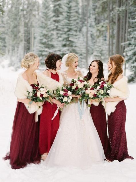 Gorgeous Red, Green and White December Wedding Color Ideas - ColorsBridesmaid Burgandy Bridesmaids Dress, December Wedding Colors, Winter Wedding Bridesmaids, Fairmont Banff, Winter Wedding Photos, Snow Wedding, Bouquet Inspiration, Winter Wedding Colors, Wedding Themes Winter