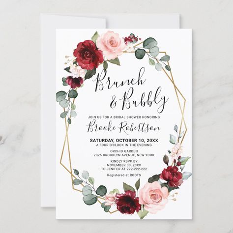 $2.65 | Elegant and modern romantic geometric watercolor floral bridal shower/ Brunch & bubbly invitation card features a bouquet of burgundy / marsala , blush pink, Purple, peach watercolor roses with matching foliage. #burgundymarsalaredmaroonroses #watercolorbouquetgoldgeometricframe #popularrusticcountrybarnwedding #bridalshower #wedding #bridetobe #bride #babyshower | Bridal shower ideas | Bridal shower designs | Bridal shower invitations | Bridal shower invitation | Bridal shower invites Bridal Shower Ideas Burgundy, Maroon Bridal Shower Ideas, Pink And Gold Bridal Shower Ideas, Burgundy Bridal Shower Ideas, Rose Gold Bridal Shower Ideas, Blushing Bride Bridal Shower Theme, Nath Bridal, Opera Wedding, Modern Bridal Shower Invitations