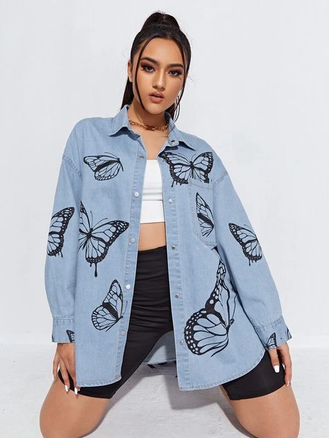 Drop Shoulder Butterfly Denim Coat | SHEIN USA Jean Jackets For Women, Painted Clothes Diy, Looks Jeans, Denim Coat Women, Custom Jeans, Denim Ideas, Painted Clothes, Denim Jacket Women, Denim Jackets