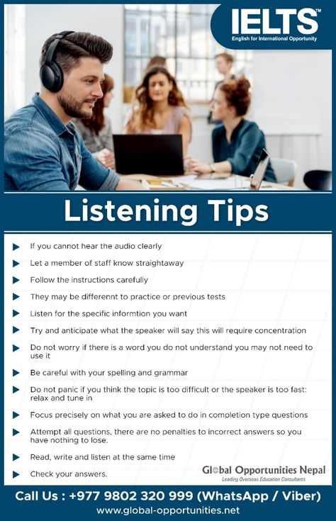 Tips to Overcome the Challenges and Get your Desired IELTS Listening Score. Checkout Amazing Listening Tips for IELTS and Score High. For more information please contact Global Opportunities study experts @ 9802320999 or visit www.global-opportunities.net. Tips For Ielts, Ielts Listening, Overseas Education, More Information, Education