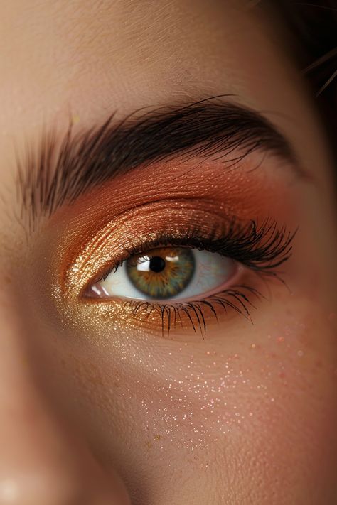 Orange Gold Eyeshadow, Sunset Eyeshadow Looks, Copper Eyeshadow Looks, Sunset Makeup Looks, Pisces Makeup, Orange Eyeshadow Looks, Copper Eyes, Sunset Eyeshadow, Copper Eyeshadow