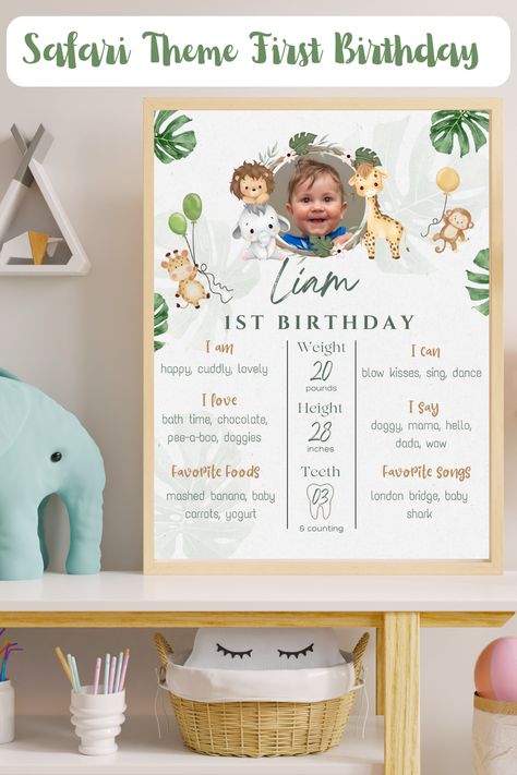 Celebrate your baby's first year with our Safari Theme First Birthday Milestone Poster, a jungle theme poster capturing all the precious moments. This customizable Wild One Year Birthday Sign is perfect for commemorating your baby's milestones in a safari adventure-themed celebration. One Year Milestone Board, Safari Theme First Birthday, Baby Birthday Poster, Safari Poster, Jungle Poster, Wild One First Birthday, Theme Poster, Birthday Milestone Board, Milestone Board