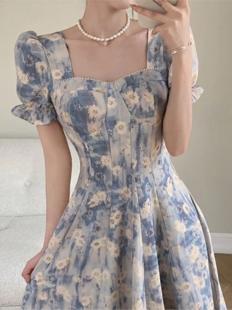 Square Collar Dress, Korean Fashion Chic, Party Midi Dress, Casual Party Dresses, Cottagecore Dress, Summer Plus Size, Floral Fit, Vintage Party, Midi Dress Party