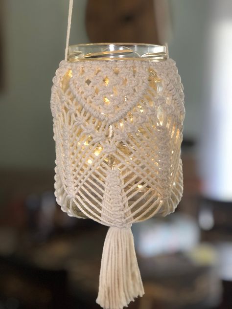 Macrame hanging jar candle holder lantern, Handmade boho twinkle light holder indoor outdoor, Hand crafted wedding decor gift, Free Shipping by SmellyGourmet on Etsy Macrame Candle Jar, Metamora Indiana, Macrame Candle, Macrame Candle Holder, Lantern Handmade, Battery Candle, Candle Holder Lantern, Macrame Light, Hanging Jars