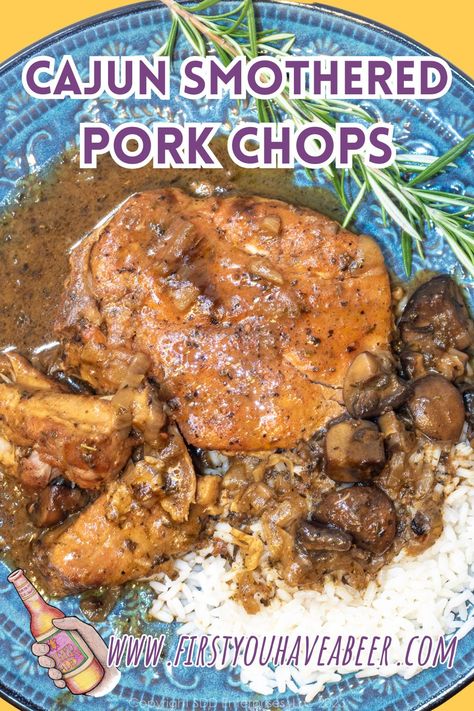 Cajun Smothered Pork Chops epitomizes Cajun cooking. Simple methods extracting every bit of flavor from the ingredients. Pork chops with Cajun seasonings are simmered slowly with onions in wine and stock until the pork is fork-tender and the gravy is thick and deep in flavor. Cajun comfort food at its best! Cajun Fried Pork Chops, Cajun Smothered Pork Chops, Smothered Pork Chops And Rice, Cajun Pork Tenderloin, Cajun Pork Chops, Cajun Comfort Food, Breaded Pork Chops Baked, Cajun Seasonings, Leah Chase