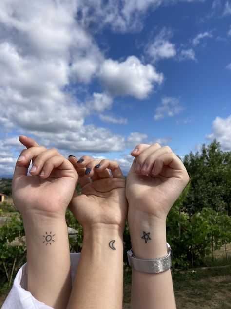 Trio Bff, Friendship Tattoo, Club Tattoo, Friendship Tattoos, Star And Moon, Moon And Star, Star Moon, Sun And Moon, Sun Moon