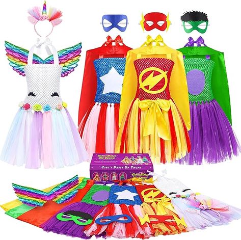 DOLNOW Girls Dress up Trunk Girls Pretend Play Costumes,12pcs Role Play Set with Supergirl Unicorn Hero Costumes for Toddler Little Girls Ages 3-6yrs Toddler Dress Up Clothes, Dress Up Trunk, Toddler Dress Up, Colorful Wings, Pretend Play Costumes, Character Dress Up, Christmas Dress Up, Role Play Costume, Princess Dress Up