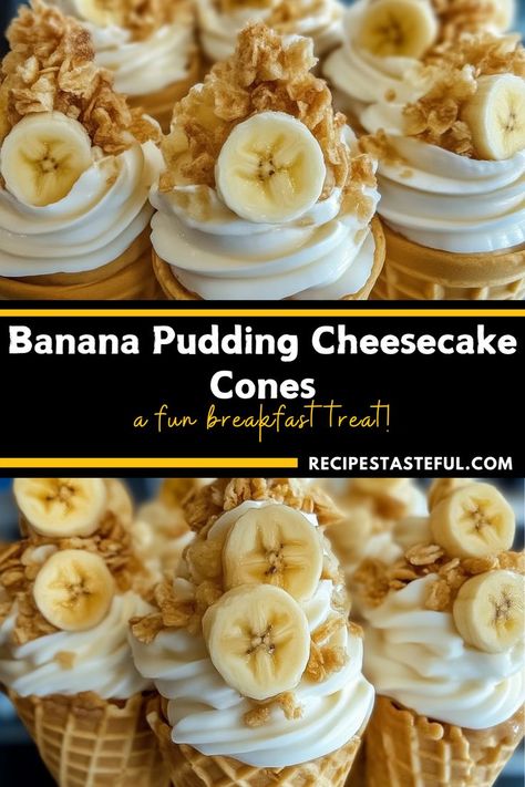 A fun and delicious twist on classic banana pudding, these Banana Pudding Cheesecake Cones are perfectly portable, packed with creamy banana goodness, and a delightful treat for any occasion. Classic Banana Pudding, Cheesecake Cones, Pudding Cheesecake, Banana Treats, Banana Pudding Cheesecake, Banana Dessert Recipes, Bite Size Cookies, Lemon Dessert Recipes, Banana Dessert