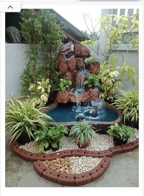 Ideas For Around The Pool, Small Yard Ponds With Waterfall, Small Rock Fountain Ideas, Garden Waterfall Ideas Rock Fountain, Small Front Yard Pond Water Garden, Diy Water Fountain Outdoor Mini Pond, Small Garden Waterfalls, Water Fountain Design, Outdoor Ponds