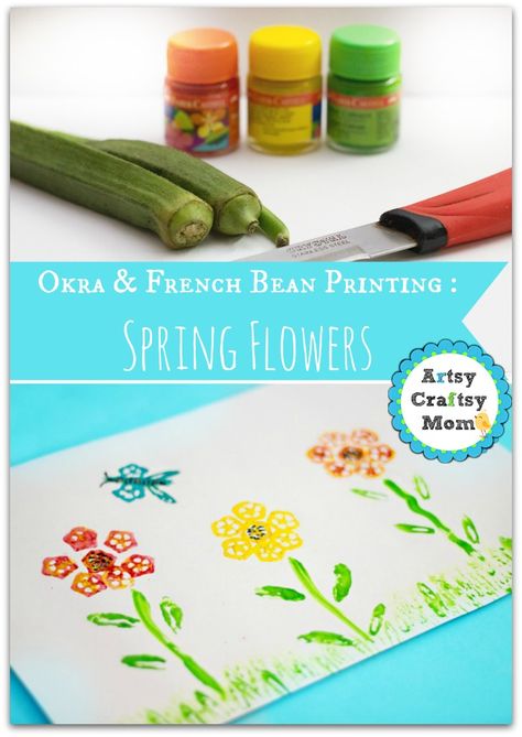 Vegetable Prints : Making Spring flowers with Okra & Beans - A lovely Spring and Mother's Day activity for kids to make garden art and pretty cards Paint With Vegetables, Block Printing With Vegetables, Vegetable Block Printing Ideas, Lady Finger Painting For Kids, Vegetable Printing Ideas, Vegetable Printing Art For Kids, Vegetable Painting Ideas, Vegetable Painting For Kids, Vegetable Printing