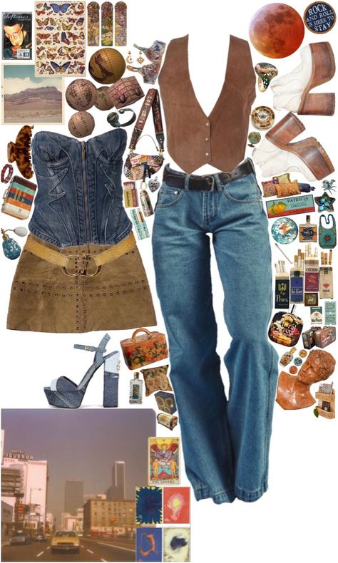 Cowgirl 70s Outfit, Cowgirl Style Outfits Aesthetic, 70s Outfits Denim, Funky Cowgirl Outfits, All Denim Cowgirl Outfit, Indie Cowgirl Outfits, Cowboy Asethic Outfits, Cowgirl Hippie Outfits, Cow Outfits Aesthetic