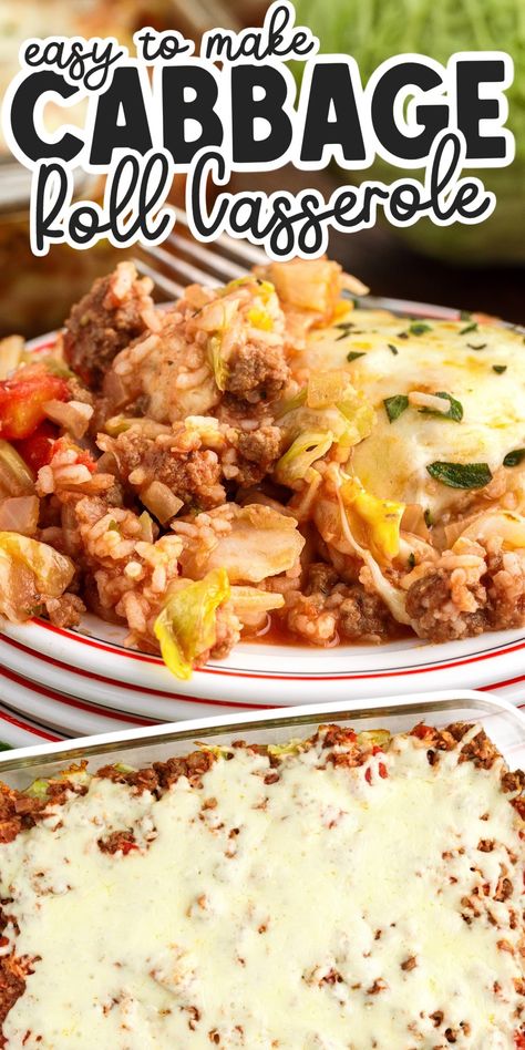 Cabbage roll casserole is a family favorite that is on the table in less than 1 hour. This quick dinner has all of the flavors of cabbage rolls, without all of the extra time and hassle it takes to make them. Tender cabbage is layered between a perfectly seasoned tomato based meat sauce, mixed with rice, and it topped with melty cheese. Easy Cabbage Roll Casserole, Lazy Cabbage Rolls, Easy Cabbage Rolls, Cabbage Casserole Recipes, Cabbage Roll Casserole, Beef Ribs Recipe, Cabbage And Sausage, Unstuffed Cabbage, Cabbage Roll