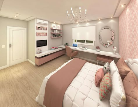 Projeto – dormitório de princesa adolescente em tons de rosa | homify Girl Bedroom Designs, Teen Bedroom Decor, Girl Bedroom Decor, Teen Bedroom, Room Ideas Bedroom, Dream Rooms, Bedroom Themes