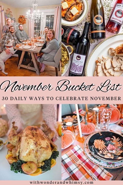 Happy November, whimsies! A new month means a new monthly bucket list, packed with fun and creative things to do all November long. In my November Bucket List, I’m sharing 30 ways to celebrate November to help you give thanks for what you have, find ways to show thanks to those you love, and spread goodness and light. November’s roundup is all about being giving, gracious, and cozy this Thanksgiving and holiday season! Monthly Bucket List, November Bucket List, Pastel Christmas Decor, November Ideas, November Thanksgiving, November Activities, Christmas Bucket List, Happy November, Holiday Favorite Recipes