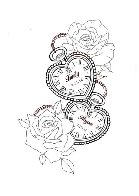 In Loving Memory Clock Tattoos, Wedding Clock Tattoo Design, Love Heart Clock Tattoo Design, Names And Flowers Tattoos, Clock With Flowers Tattoo Design, Rose Heart Clock Butterfly Tattoo, Two Clocks Tattoo Design, Heart Clock Tattoo Stencil, Family Tattoo Ideas For Women Sleeve