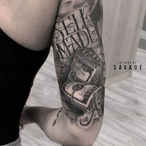 Money Related Tattoo Ideas, Money Come Money Go Tattoo, Mens Money Tattoos, Money Meaning Tattoo, Aesthetic Sleeve Tattoo Men, Wealth Tattoos Men, Money Chest Tattoo Men Ideas, Married To The Money Tattoo, Money Motivation Tattoos